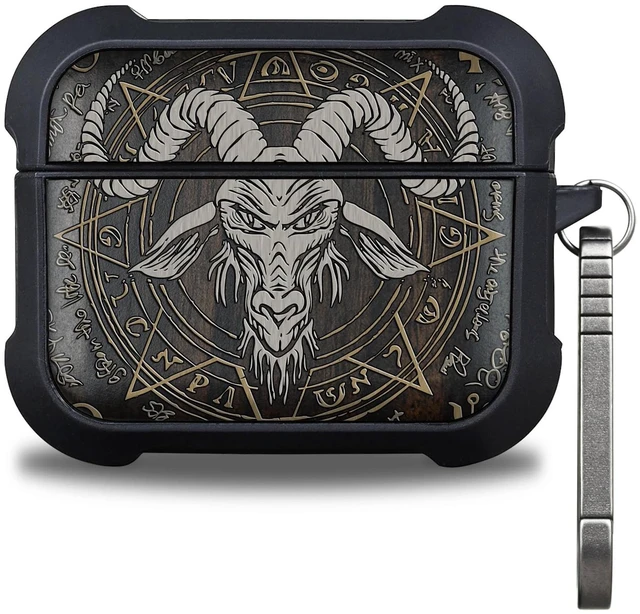 Main image of Black Solid Wood for AirPods Pro 3 Case (2025), Baphomet Seal AirPods Pro Case 3rd Generation, Titanium metal Quick Released Keychain, Compatible with Wireless Charging, Hand-Drawn Style