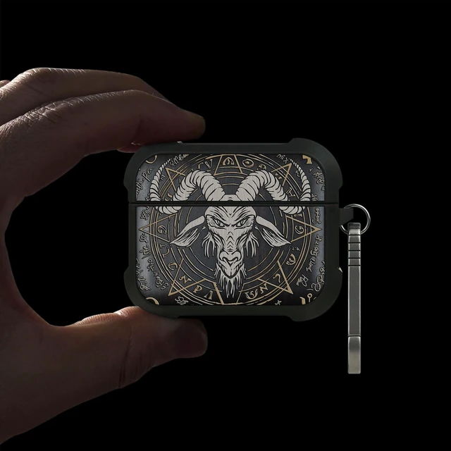 Alt view image 2 of 7 - Black Solid Wood for AirPods Pro 3 Case (2025), Baphomet Seal AirPods Pro Case 3rd Generation, Titanium metal Quick Released Keychain, Compatible with Wireless Charging, Hand-Drawn Style