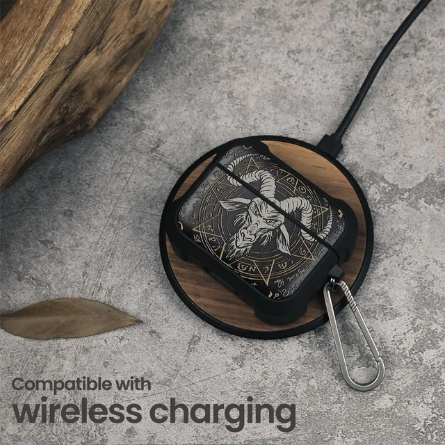 Alt view image 5 of 7 - Black Solid Wood for AirPods Pro 3 Case (2025), Baphomet Seal AirPods Pro Case 3rd Generation, Titanium metal Quick Released Keychain, Compatible with Wireless Charging, Hand-Drawn Style