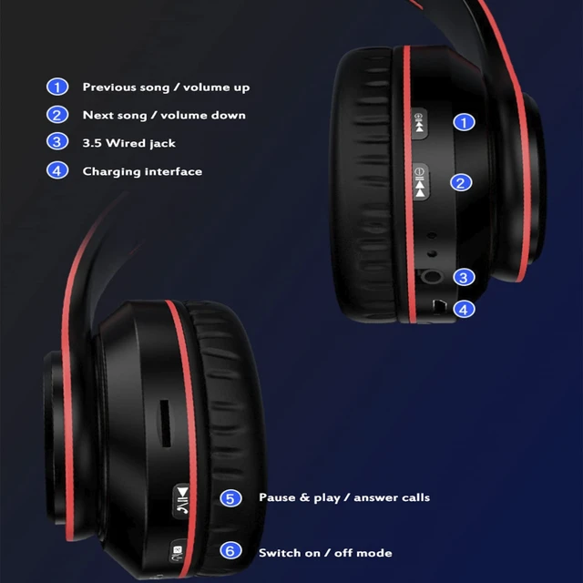 Alt view image 3 of 7 - LED Bluetooth Over Ear Headphones, Foldable Wireless Headset with Mic Red 40mm Driver, Wired & Wireless Dual Mode, Colorful Rhythm LED Lights, Lightweight Comfort Fit, for Adults Home Travel Gift