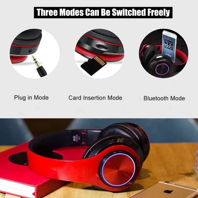 Alt view image 5 of 7 - LED Bluetooth Over Ear Headphones, Foldable Wireless Headset with Mic Red 40mm Driver, Wired & Wireless Dual Mode, Colorful Rhythm LED Lights, Lightweight Comfort Fit, for Adults Home Travel Gift