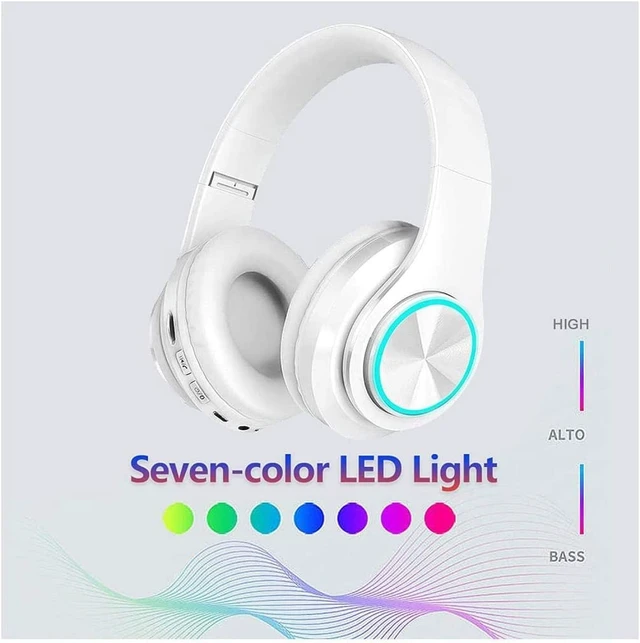 Alt view image 2 of 7 - Over Ear Kids Bluetooth Headphones, Colorful LED Lights Headphones with Built-in Mic, Wired & Wireless Lightweight Foldable HiFi Stereo Headset for Gift, Tablet, Adult, Game(White)