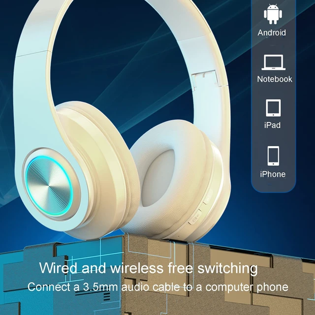 Alt view image 3 of 7 - Over Ear Kids Bluetooth Headphones, Colorful LED Lights Headphones with Built-in Mic, Wired & Wireless Lightweight Foldable HiFi Stereo Headset for Gift, Tablet, Adult, Game(White)