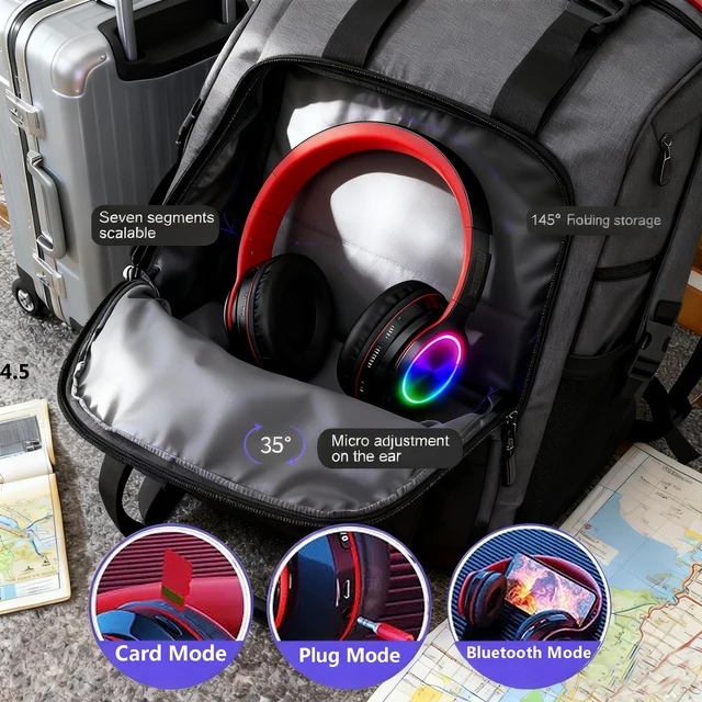 Alt view image 3 of 7 - Bluetooth Headphones LED Lights, Colorful Wireless Over Ear Headset for Kids, Built-in Mic, HIFI Stereo Foldable Lightweight Wired Headphones, for Classroom, Home, Gift, Tablet, Adult, Game(Black)