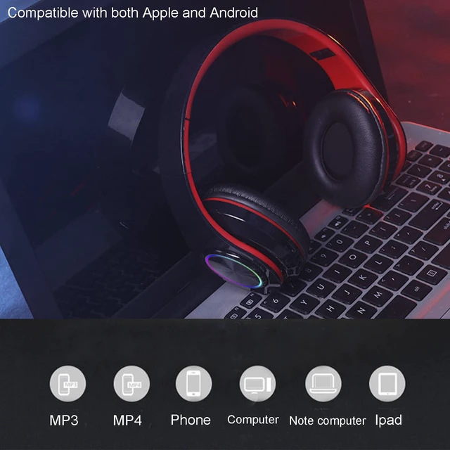 Alt view image 7 of 7 - Bluetooth Headphones LED Lights, Colorful Wireless Over Ear Headset for Kids, Built-in Mic, HIFI Stereo Foldable Lightweight Wired Headphones, for Classroom, Home, Gift, Tablet, Adult, Game(Black)