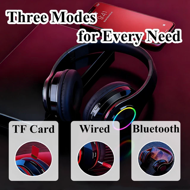 Alt view image 2 of 7 - Wireless Over-Ear Bluetooth Headphones, LED Lights, Built-in Mic, Black Bluetooth 5.0 low latency, 40mm driver HIFI stereo Foldable lightweight soft earcups, for gaming travel office home gift