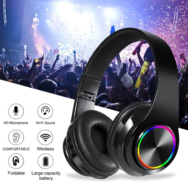 Alt view image 4 of 7 - Wireless Over-Ear Bluetooth Headphones, LED Lights, Built-in Mic, Black Bluetooth 5.0 low latency, 40mm driver HIFI stereo Foldable lightweight soft earcups, for gaming travel office home gift