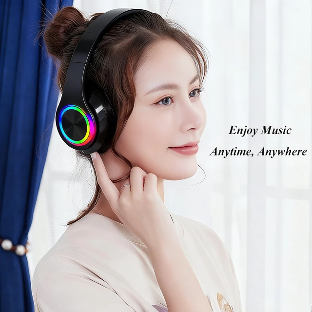 Alt view image 7 of 7 - Wireless Over-Ear Bluetooth Headphones, LED Lights, Built-in Mic, Black Bluetooth 5.0 low latency, 40mm driver HIFI stereo Foldable lightweight soft earcups, for gaming travel office home gift