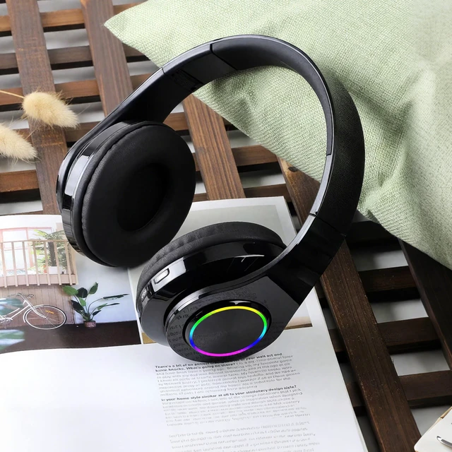 Alt view image 6 of 7 - Wireless Over-Ear Bluetooth Headphones, LED Lights, Built-in Mic, Black Bluetooth 5.0 low latency, 40mm driver HIFI stereo Foldable lightweight soft earcups, for gaming travel office home gift