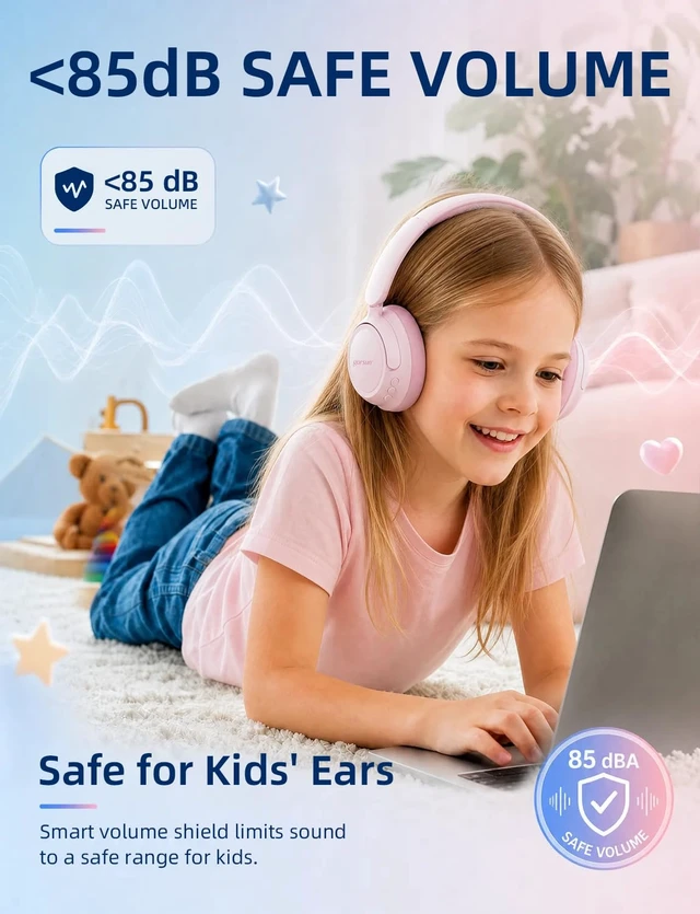 Alt view image 2 of 7 - Active Noise Cancelling Kids Bluetooth Headphones,Over Ear with 85dB Volume Limit,70H Playtime,Bluetooth 6.0,Foldable Wireless Headset with Microphone for School Travel