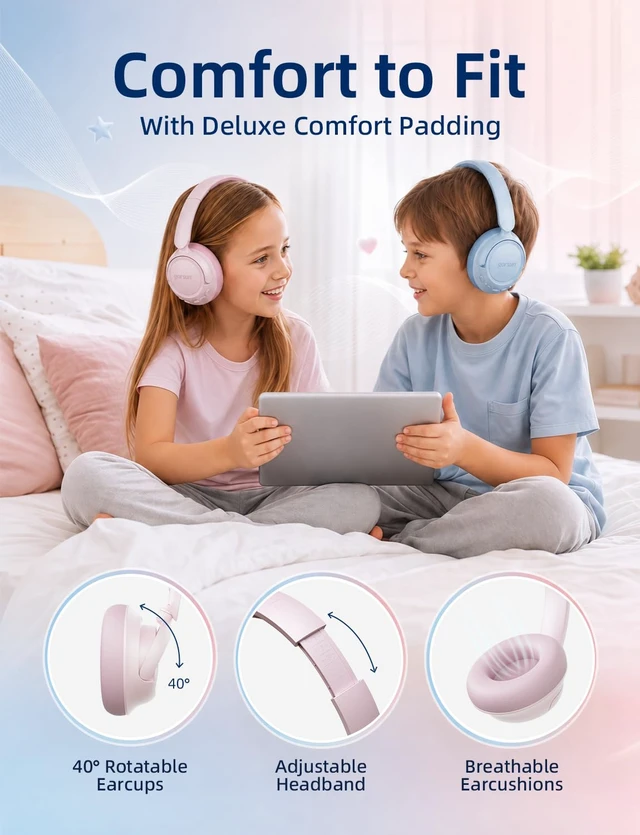 Alt view image 5 of 7 - Active Noise Cancelling Kids Bluetooth Headphones,Over Ear with 85dB Volume Limit,70H Playtime,Bluetooth 6.0,Foldable Wireless Headset with Microphone for School Travel