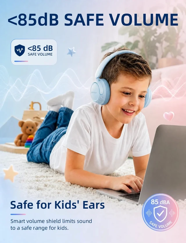 Alt view image 2 of 7 - Active Noise Cancelling Kids Bluetooth Headphones,Over Ear with 85dB Volume Limit,70H Playtime,Bluetooth 6.0,Foldable Wireless Headset with Microphone for School Travel