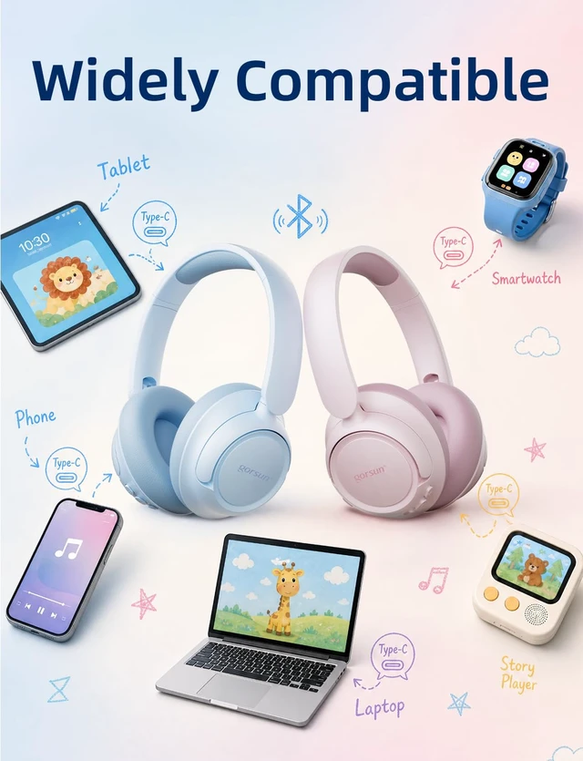 Alt view image 7 of 7 - Active Noise Cancelling Kids Bluetooth Headphones,Over Ear with 85dB Volume Limit,70H Playtime,Bluetooth 6.0,Foldable Wireless Headset with Microphone for School Travel