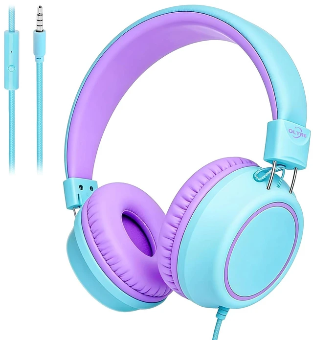 Main image of Kids Wired Foldable Headphones, Children Headset, Mic, Boys, Girls Mint Blue & Lavender; On-ear kids headphones with cord for school teens students tablets airplane gaming; Travel; 3.5mm jack