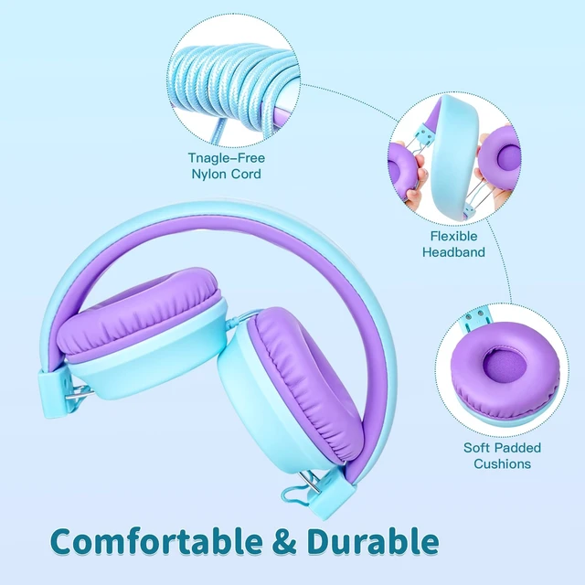 Alt view image 2 of 7 - Kids Wired Foldable Headphones, Children Headset, Mic, Boys, Girls Mint Blue & Lavender; On-ear kids headphones with cord for school teens students tablets airplane gaming; Travel; 3.5mm jack
