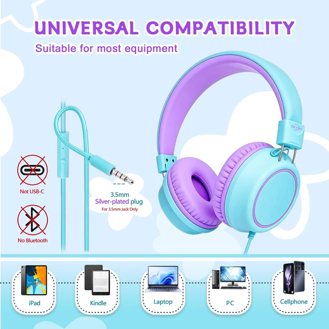 Alt view image 3 of 7 - Kids Wired Foldable Headphones, Children Headset, Mic, Boys, Girls Mint Blue & Lavender; On-ear kids headphones with cord for school teens students tablets airplane gaming; Travel; 3.5mm jack