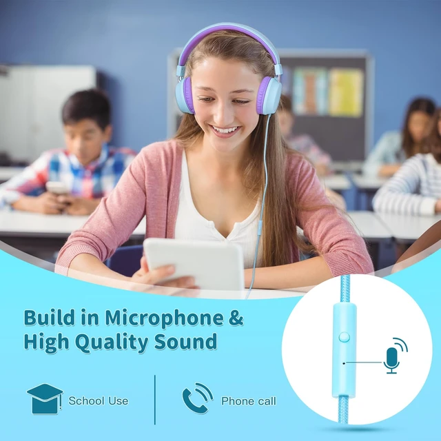 Alt view image 4 of 7 - Kids Wired Foldable Headphones, Children Headset, Mic, Boys, Girls Mint Blue & Lavender; On-ear kids headphones with cord for school teens students tablets airplane gaming; Travel; 3.5mm jack