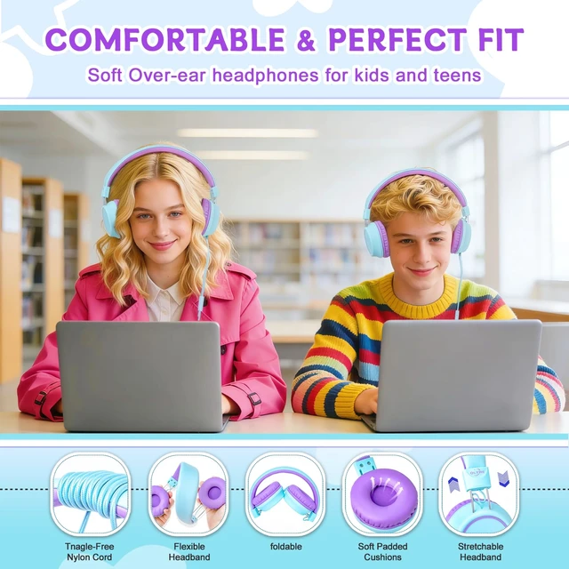 Alt view image 6 of 7 - Kids Wired Foldable Headphones, Children Headset, Mic, Boys, Girls Mint Blue & Lavender; On-ear kids headphones with cord for school teens students tablets airplane gaming; Travel; 3.5mm jack