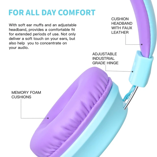 Alt view image 7 of 7 - Kids Wired Foldable Headphones, Children Headset, Mic, Boys, Girls Mint Blue & Lavender; On-ear kids headphones with cord for school teens students tablets airplane gaming; Travel; 3.5mm jack