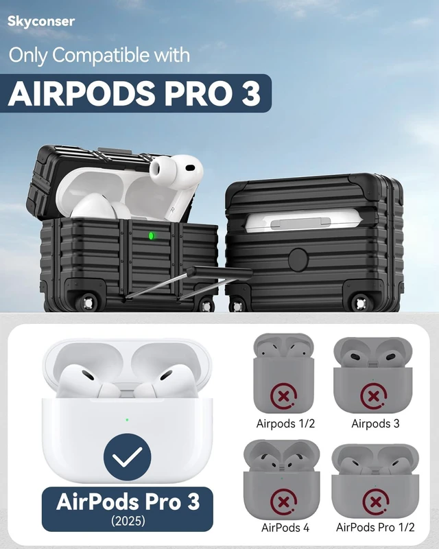Alt view image 2 of 7 - for AirPods Pro 3 Case 2025 with Lock and Phone Stand,Black Cute Funny Suitcase Design Hard Protection Cover for AirPods Pro 3rd Generation with Cleaner Kit & Keychain,for Women Men