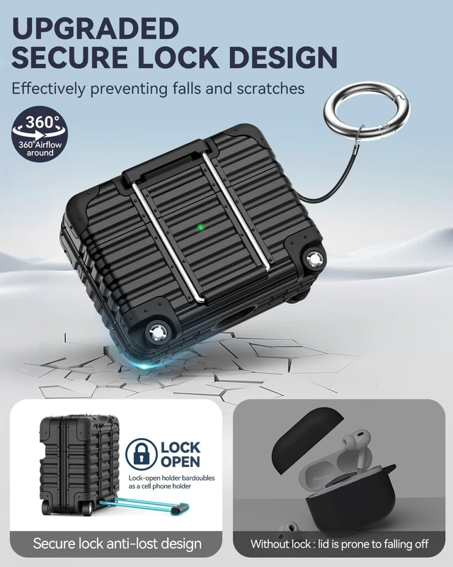 Alt view image 3 of 7 - for AirPods Pro 3 Case 2025 with Lock and Phone Stand,Black Cute Funny Suitcase Design Hard Protection Cover for AirPods Pro 3rd Generation with Cleaner Kit & Keychain,for Women Men