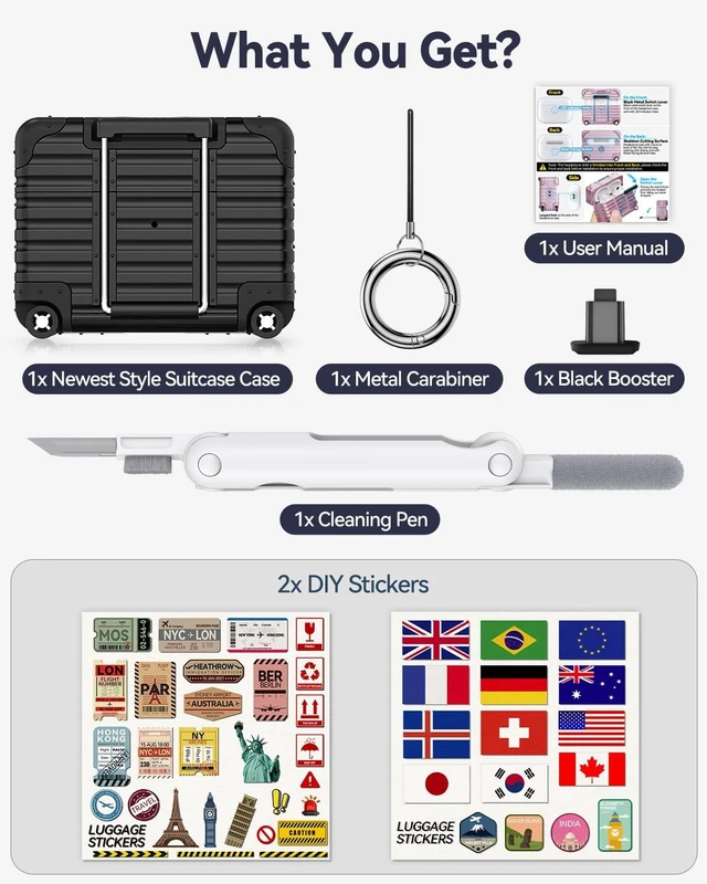 Alt view image 6 of 7 - for AirPods Pro 3 Case 2025 with Lock and Phone Stand,Black Cute Funny Suitcase Design Hard Protection Cover for AirPods Pro 3rd Generation with Cleaner Kit & Keychain,for Women Men