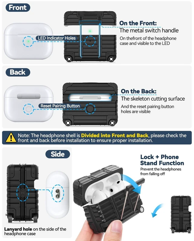 Alt view image 5 of 7 - for AirPods Pro 3 Case 2025 with Lock and Phone Stand,Black Cute Funny Suitcase Design Hard Protection Cover for AirPods Pro 3rd Generation with Cleaner Kit & Keychain,for Women Men