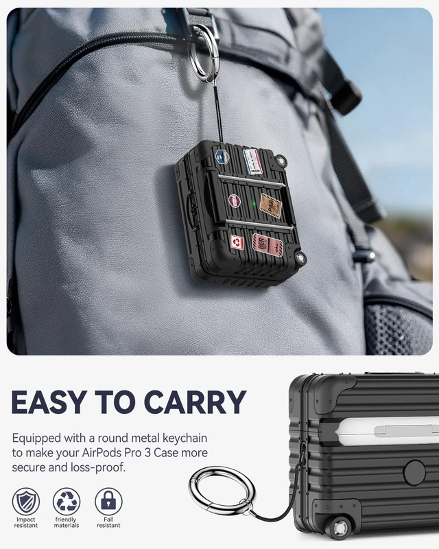 Alt view image 7 of 7 - for AirPods Pro 3 Case 2025 with Lock and Phone Stand,Black Cute Funny Suitcase Design Hard Protection Cover for AirPods Pro 3rd Generation with Cleaner Kit & Keychain,for Women Men