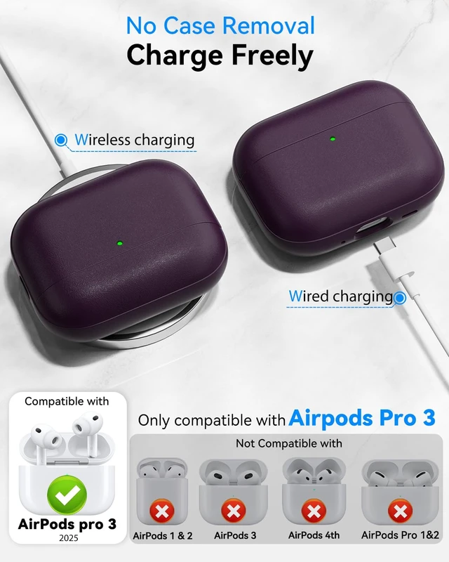 Alt view image 2 of 7 - for AirPods Pro 3 Case 2025, (Leather Texture) Full-Body Protective Airpods Pro 3rd Generation Case with Lanyard & Cleaner Kit, Wireless Charging Support, Front LED Visible (Purple)