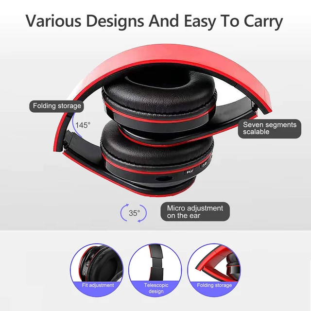 Alt view image 3 of 7 - Wireless Bluetooth Headphones with Colorful LED Lights, Red Black HiFi Stereo Sound,Light Weight,Foldable,Colorful Backlit,Rechageable,Over Ear Headset for PC/Travel/Class/Office/Kids/Adult