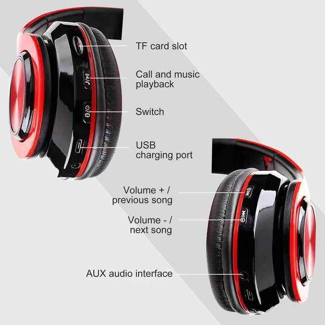 Alt view image 4 of 7 - Wireless Bluetooth Headphones with Colorful LED Lights, Red Black HiFi Stereo Sound,Light Weight,Foldable,Colorful Backlit,Rechageable,Over Ear Headset for PC/Travel/Class/Office/Kids/Adult