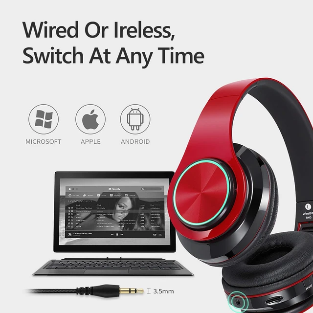 Alt view image 6 of 7 - Wireless Bluetooth Headphones with Colorful LED Lights, Red Black HiFi Stereo Sound,Light Weight,Foldable,Colorful Backlit,Rechageable,Over Ear Headset for PC/Travel/Class/Office/Kids/Adult