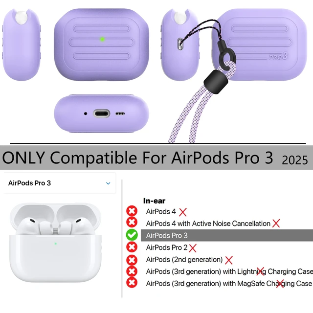 Alt view image 3 of 6 - Anti-Lost Case for AirPods Pro 3 one-Piece Design case,Wireless Charging, LED Visible,Lanyard Included. (Purple)