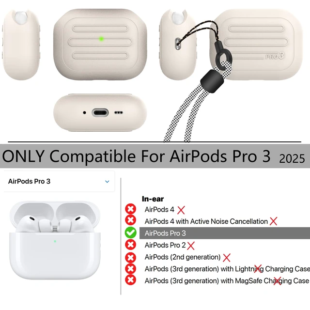 Alt view image 2 of 5 - Anti-Lost Case for AirPods Pro 3 one-Piece Design case,Wireless Charging, LED Visible,Lanyard Included. (Beige)