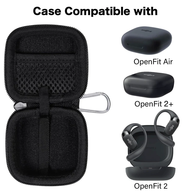 Alt view image 2 of 7 - Hard Case for SHOKZ OpenFit 2+/2/Air Open-Ear Headphones, Black Mesh Accessory Pocket, Elastic Retaining Strap, Carabiner Clip, Sealed Zipper, Compact Portable Storage