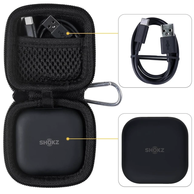Alt view image 3 of 7 - Hard Case for SHOKZ OpenFit 2+/2/Air Open-Ear Headphones, Black Mesh Accessory Pocket, Elastic Retaining Strap, Carabiner Clip, Sealed Zipper, Compact Portable Storage