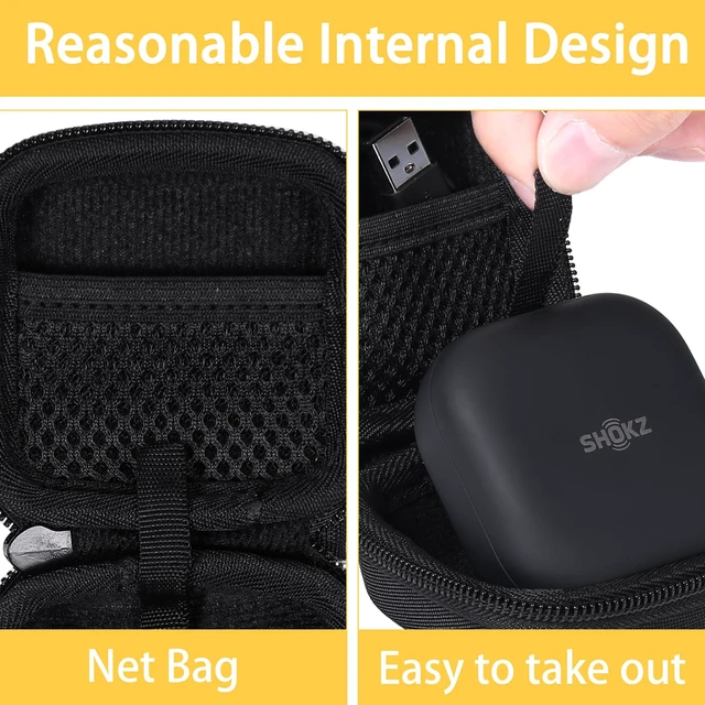 Alt view image 4 of 7 - Hard Case for SHOKZ OpenFit 2+/2/Air Open-Ear Headphones, Black Mesh Accessory Pocket, Elastic Retaining Strap, Carabiner Clip, Sealed Zipper, Compact Portable Storage