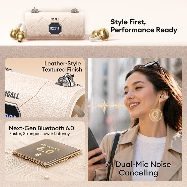 Alt view image 7 of 7 - Clip On Earbuds with Detachable Gold Butterfly Earrings, Bluetooth 6.0 Open Ear Earbuds for Women, Led Display Leather Texture Charging, Comfortable Fit, Sports, Daily Wearers&Gifts, X22 Beige