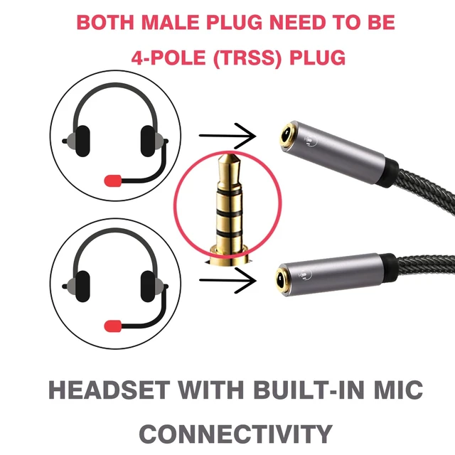 Alt view image 2 of 6 - Long Headphone Splitter, 4-Pole 2-Way TRRS 3.5mm Y Cable - 4ft / 1.2m Hi-Fi Stereo Sound, 24K Gold-Plated, TRRS Mic Support, Music Sharing, for Phone, PC, Headset, NS, PS4, PS5, Xbox etc