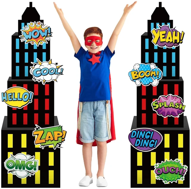 Main image of Large Super Theme Hero Party Decorations Background Boxes Skyscraper Birthday Decor Boxes, Photography Backdrop, 6 Skyscraper Boxes 10 Stickers 2 Roof Decor