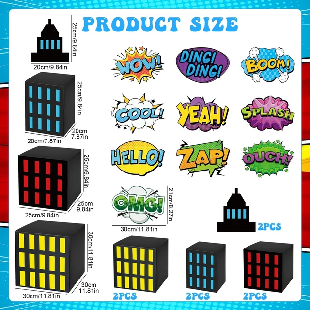 Alt view image 2 of 7 - Large Super Theme Hero Party Decorations Background Boxes Skyscraper Birthday Decor Boxes, Photography Backdrop, 6 Skyscraper Boxes 10 Stickers 2 Roof Decor