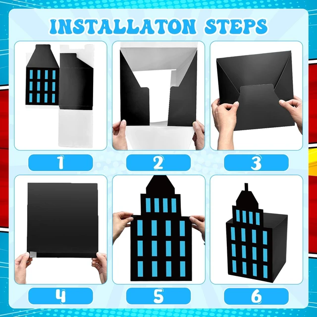Alt view image 3 of 7 - Large Super Theme Hero Party Decorations Background Boxes Skyscraper Birthday Decor Boxes, Photography Backdrop, 6 Skyscraper Boxes 10 Stickers 2 Roof Decor