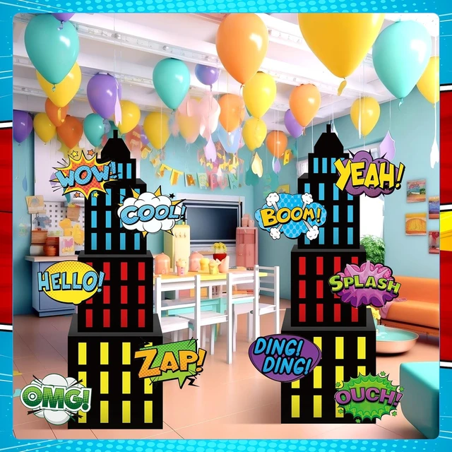Alt view image 4 of 7 - Large Super Theme Hero Party Decorations Background Boxes Skyscraper Birthday Decor Boxes, Photography Backdrop, 6 Skyscraper Boxes 10 Stickers 2 Roof Decor