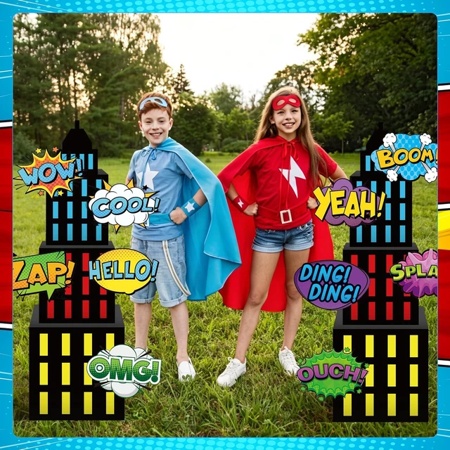 Alt view image 5 of 7 - Large Super Theme Hero Party Decorations Background Boxes Skyscraper Birthday Decor Boxes, Photography Backdrop, 6 Skyscraper Boxes 10 Stickers 2 Roof Decor