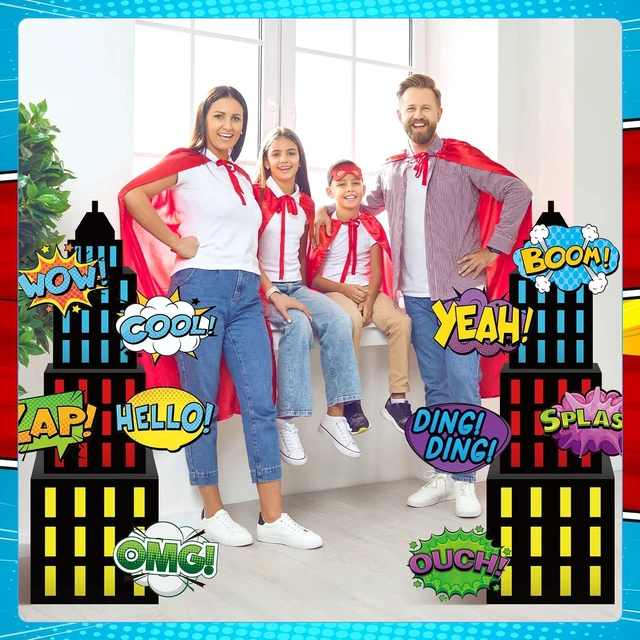 Alt view image 6 of 7 - Large Super Theme Hero Party Decorations Background Boxes Skyscraper Birthday Decor Boxes, Photography Backdrop, 6 Skyscraper Boxes 10 Stickers 2 Roof Decor
