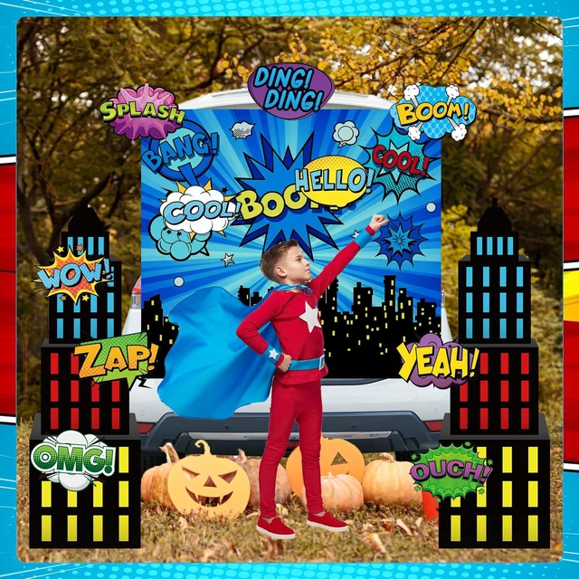 Alt view image 7 of 7 - Large Super Theme Hero Party Decorations Background Boxes Skyscraper Birthday Decor Boxes, Photography Backdrop, 6 Skyscraper Boxes 10 Stickers 2 Roof Decor