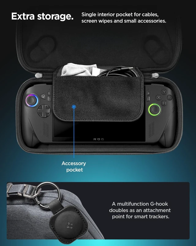 Alt view image 7 of 7 - Slim Carrying Case for ASUS ROG Xbox Ally/Ally X One-Layer Pouch, Grip Bump, G-Hook, Strap Keeper, Screen Protector, Back Pocket - Charcoal Gray