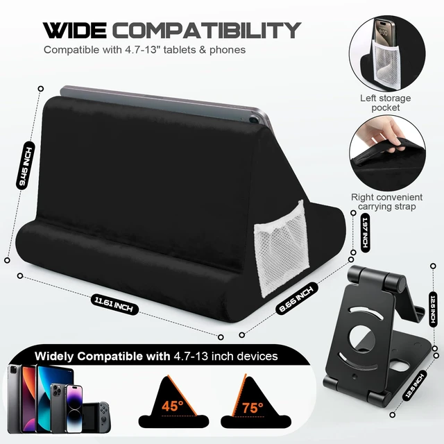 Alt view image 2 of 7 - 2pcs Multi-Angle Tablet Holder Cushion Stand with Net Pocket & Black Color Phone Stands Upgraded Tablet Pad Support for Phone,Pad,Books (Black)