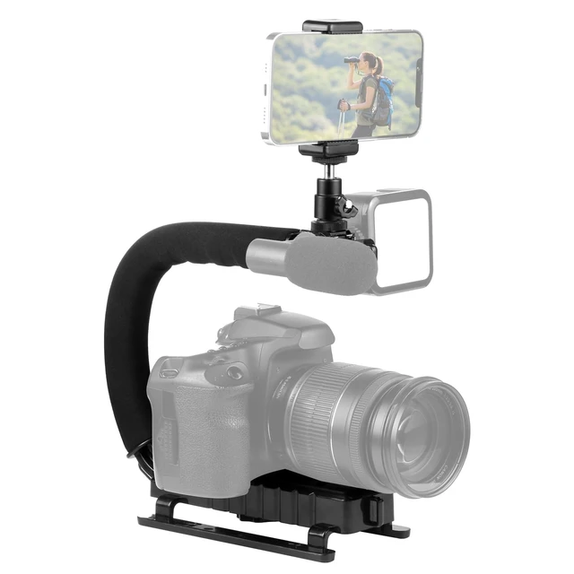 Alt view image 2 of 7 - U/C Shape Video Action Stabilizing Handle Grip Handheld Stabilizer Kit with Phone Clamp & Quick Release Buckle & Long Screw for Canon Sony Nikon Cameras and Home DV Camera Smartphones