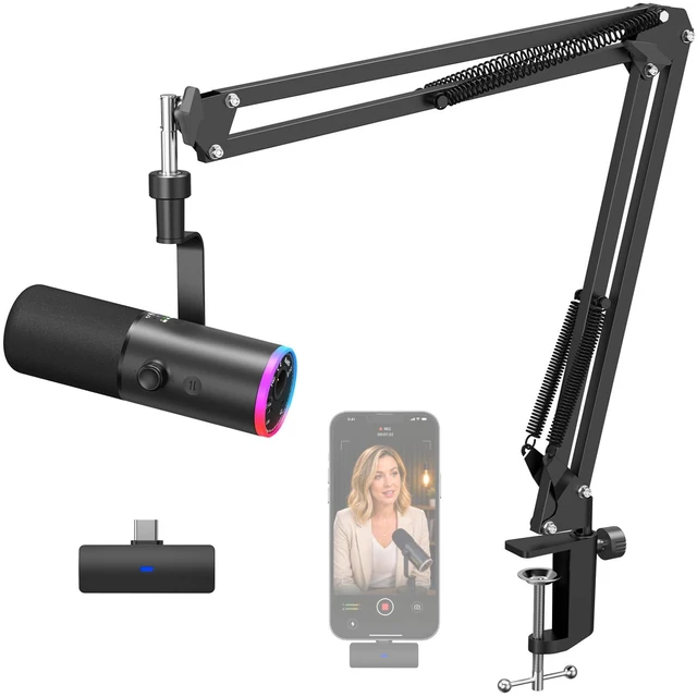 Main image of Wireless Microphone for iPhone 15~17, Dynamic Microphone for Podcast 2.4G/XLR/USB Tri-Mode, RGB Gaming Mic with AI Noise Suppression, 50H Battery Life, Boom Arm Set, Black, TD510W AIR S +H